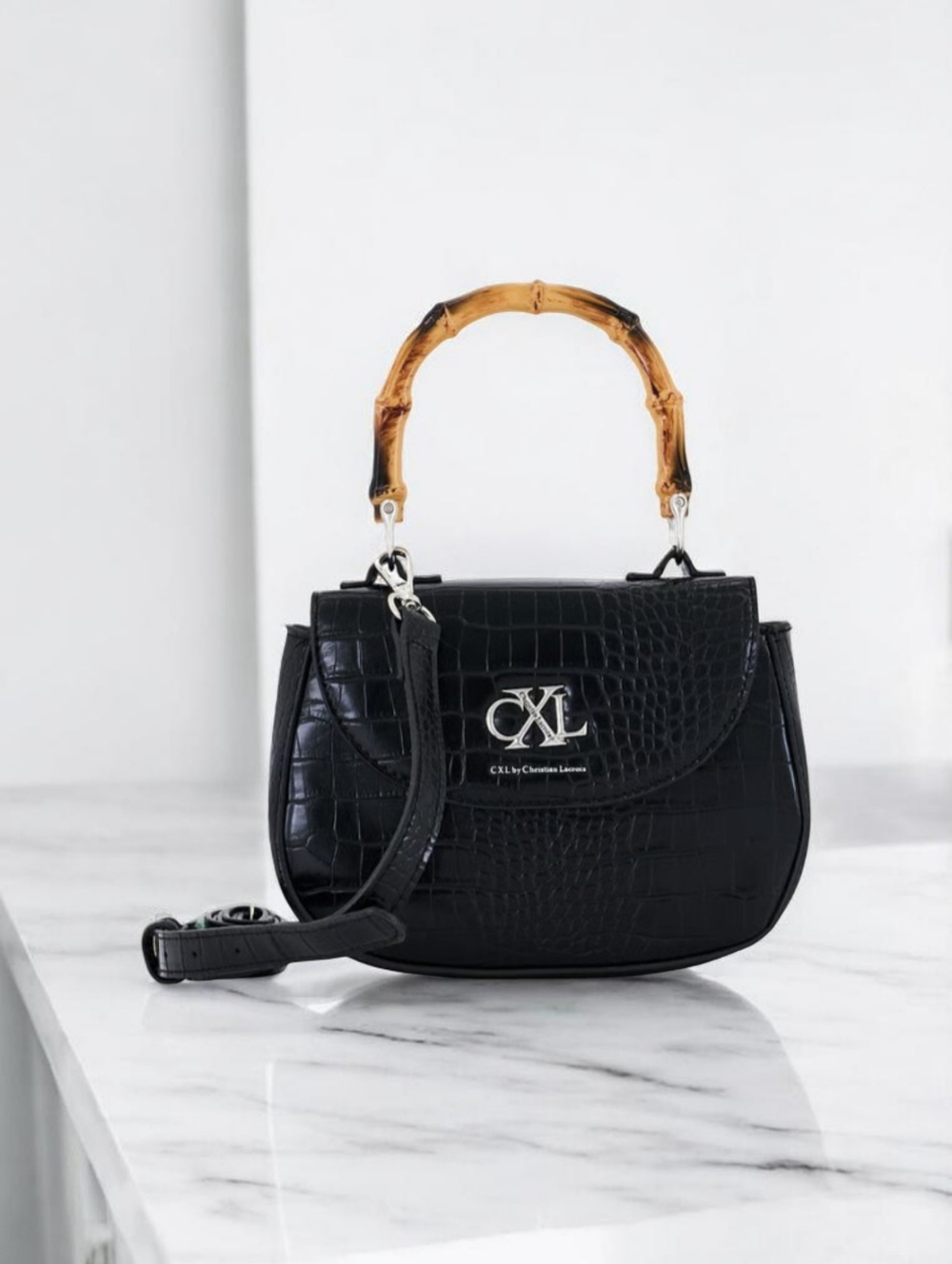 Christian Lacroix Black Croc-Embossed Mini Bag with Bamboo Top Handle
